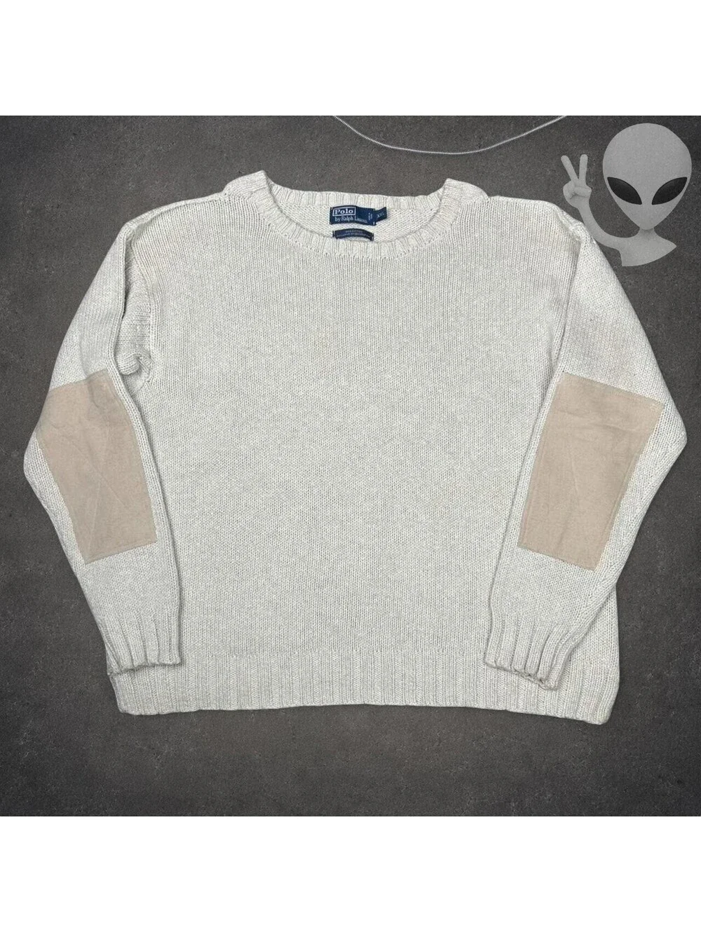 Polo Ralph Lauren Sweater Mens XXL Gray Crewneck Knit Suede Elbow Patches